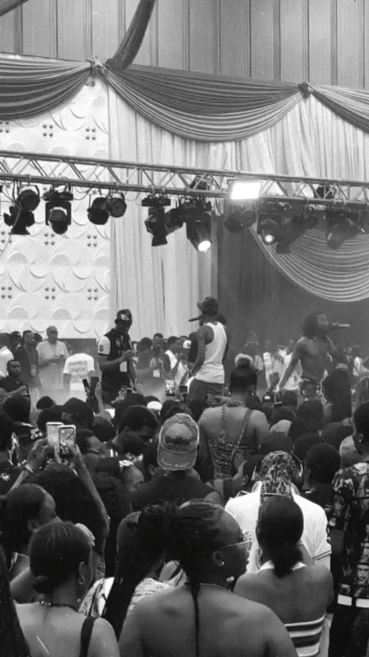 Crowd silhouettes with hands raised at a concert