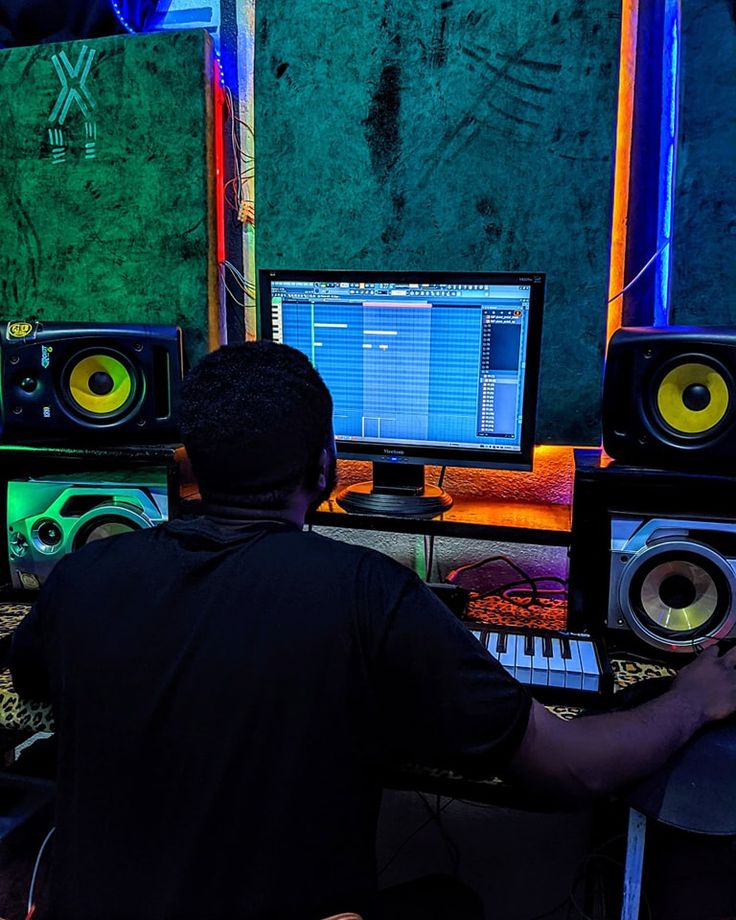 Video editing studio with multiple monitors